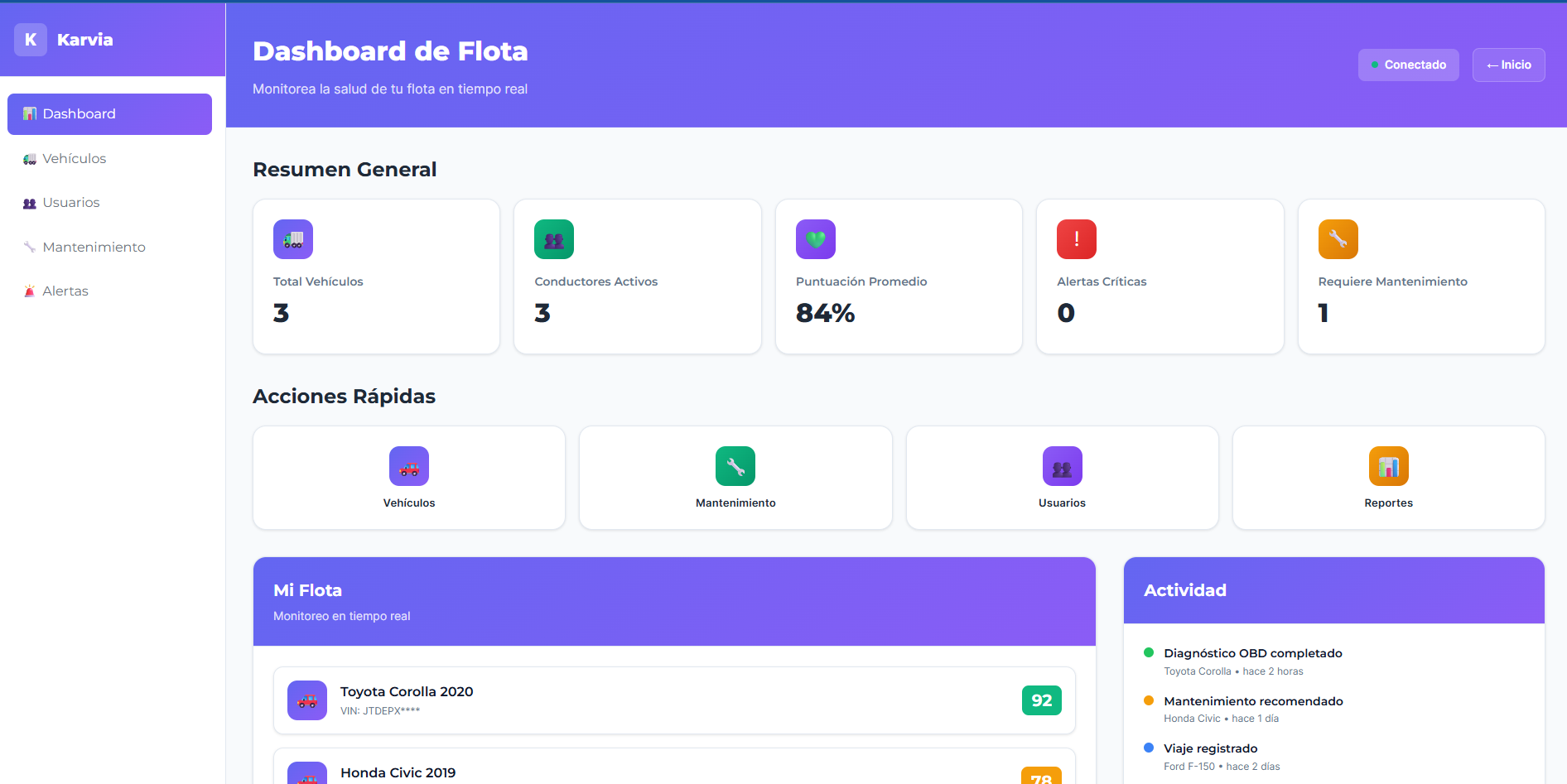 Dashboard Web Karvia - Centro Comando para gestión de flotas